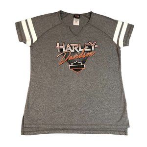 Harley Davidson Shirt Womens Medium Gray Bikercore Graphic Tee V-Neck Logo Biker